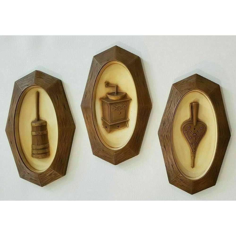 3 MCM Syroco Wall Hangings Vtg 1960s Mid Century Plaques Churn Grinderβ Bellows